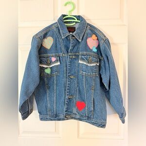 VTG Sunbelt Denim Jacket Patchwork Heart Appliqué  y2k Handmade Style size L